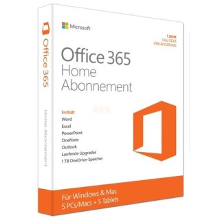 Microsoft Office 365 Home Abonnement (DE) 5 Benutzer | 5 PC/Mac + 5 Tablet PKC 1 Jahr (Code in a Box)