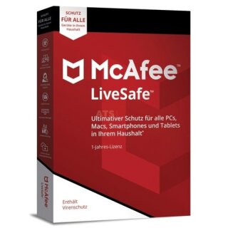 McAfee LiveSafe (Code in a Box) Vollversion MiniBox 1 Jahr für aktuelle Version 2018
