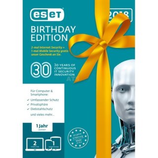 ESET Internet Security 2018 2 Computer + 1 Android Vollversion FFP 1 Jahr Birthday Edition inkl. Mobile Security 2018